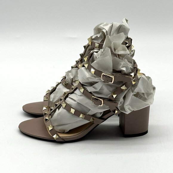 Kaitlyn Pan Beige Nude Leather Rockstud Caged Heeled Sandals Women's Size 6.5M - Picture 5 of 11